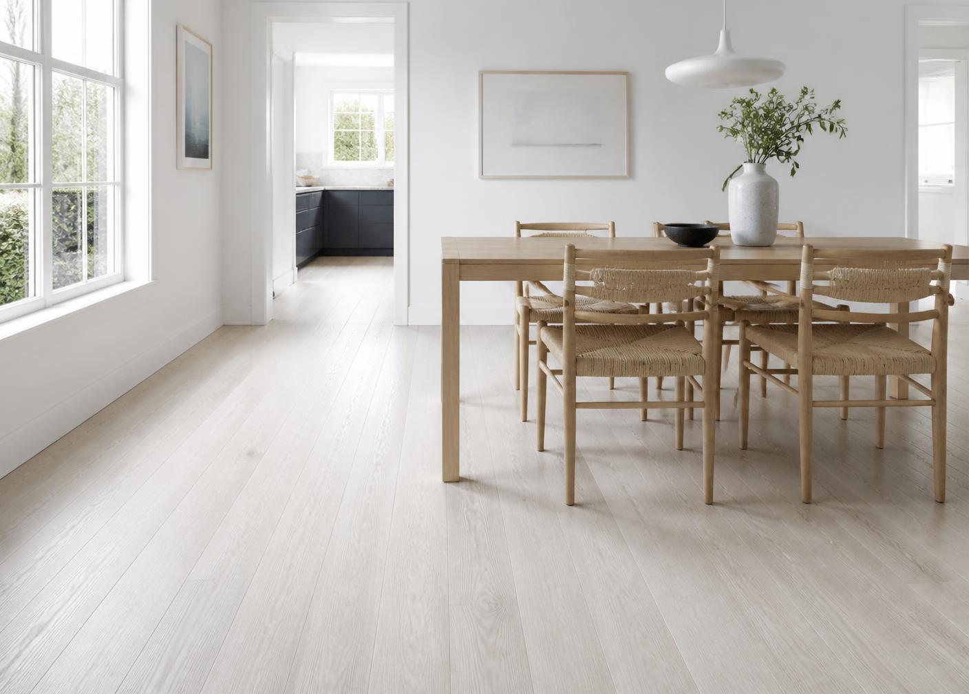 Dining room with a wide-plank oak floor under neutral daylight