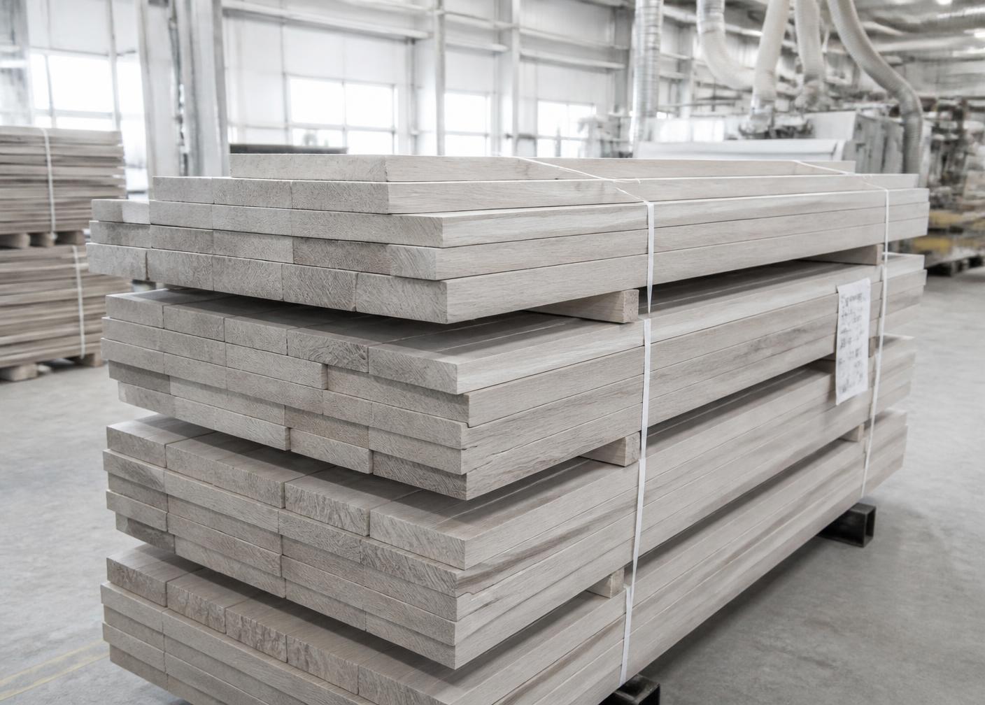 Stacked oak boards in a workshop under neutral daylight