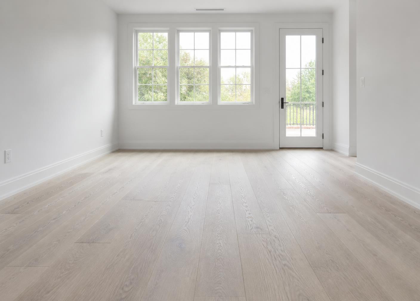 Wide-plank pale oak flooring seen at floor level in raking daylight